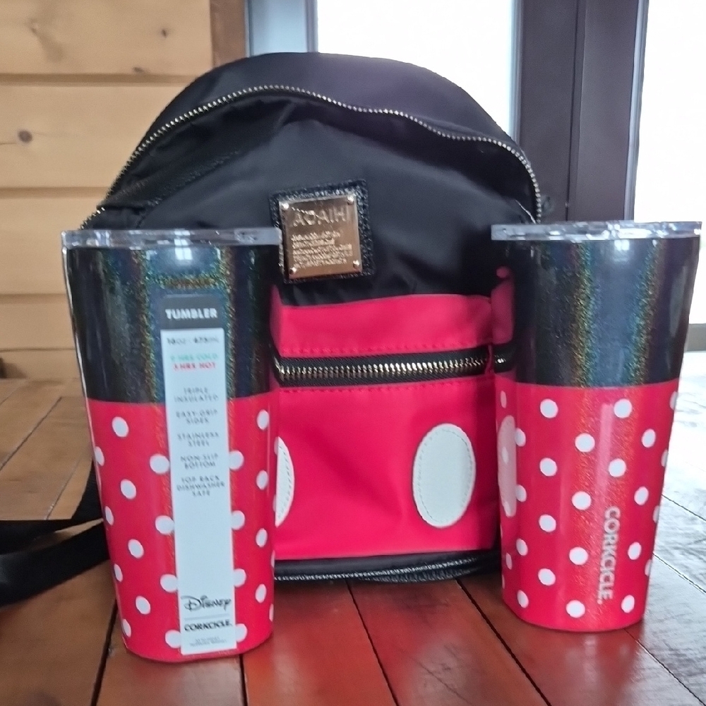 Disney Corkcicle Red and White Polka Dot Tumblers With Mickey Backpack